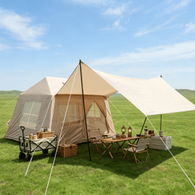 5.72mÂ² Inflatable Camping Tent, Easy Setup 4 Season Windproof Glamping Tent with Mesh Windows & Pump, Outdoor Cotton Tent
