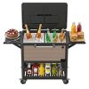 Rolling outdoor cooler cart equipped with dual side lids, foldable wing shelves and omnidirectional casters, with built-in bottle opener