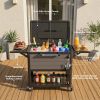 Rolling outdoor cooler cart equipped with dual side lids, foldable wing shelves and omnidirectional casters, with built-in bottle opener