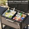 Rolling outdoor cooler cart equipped with dual side lids, foldable wing shelves and omnidirectional casters, with built-in bottle opener